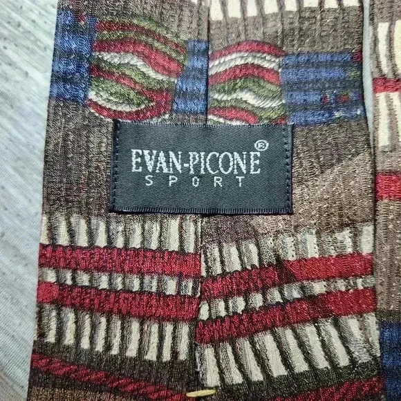 Vintage Evan Picone Sport Abstract Tie 100% Silk Tan Blue Maroon - Picture 3 of 6
